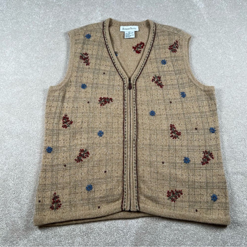 Robert Scott Wool Sweater Vest Embroidered V Neck Plaid Floral Zip Lightweight L